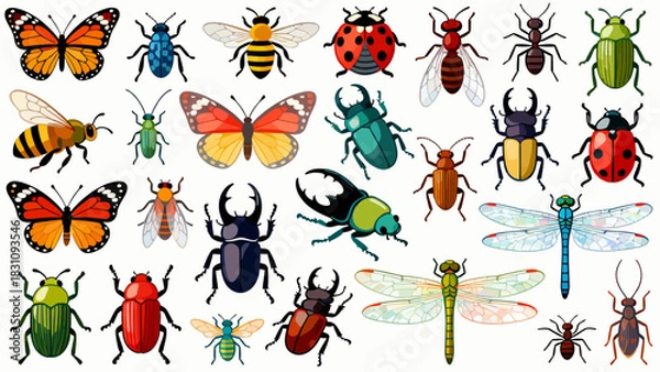 Fototapeta This vibrant illustration displays a diverse collection of colorful insects—including bees, ants, a beetle, dragonfly, mantises, grasshoppers, a fly, and a wasp