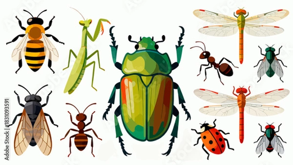 Obraz This vibrant illustration displays a diverse collection of colorful insects—including bees, ants, a beetle, dragonfly, mantises, grasshoppers, a fly, and a wasp