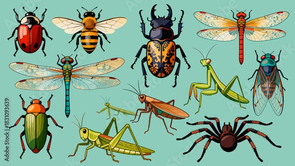 Obraz This vibrant illustration displays a diverse collection of colorful insects—including bees, ants, a beetle, dragonfly, mantises, grasshoppers, a fly, and a wasp