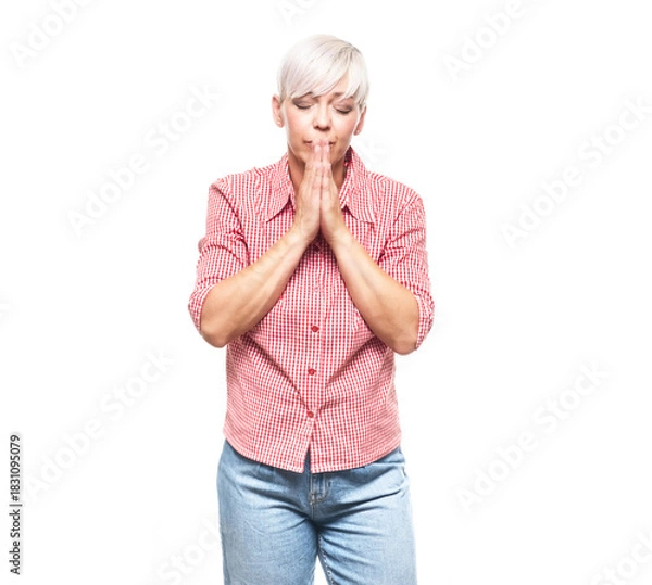 Obraz Calm adult woman with closed eyes, isolated on white background. Meditation concept.