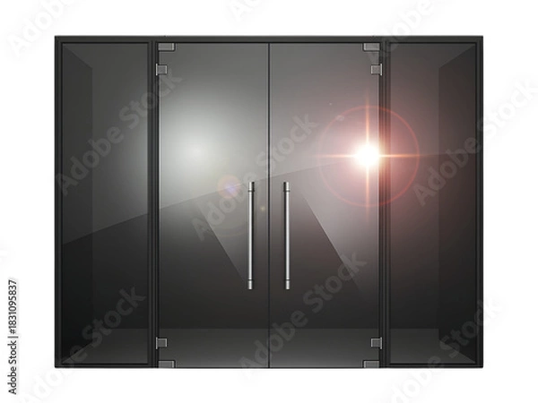 Fototapeta Modern 3d render of a glass and steel door in an empty office building corridor with light