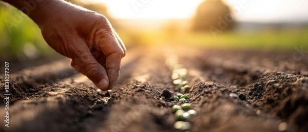 Obraz The Hand Planting Tiny Green Seeds in Fresh Soil Rows at Golden Sunrise