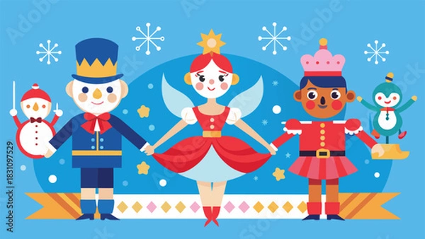 Fototapeta A festive Christmas card featuring a colorful nutcracker soldier in a holiday setting with snowflakes and ornaments..eps