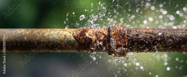 Obraz The rusty pipe spraying sparkling water droplets against a soft green bokeh background