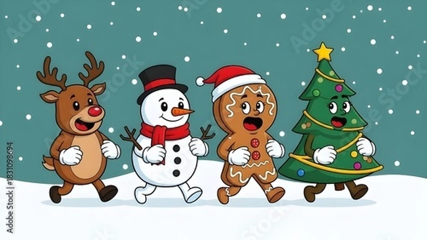 Obraz Festive Christmas Characters Walking in Snow