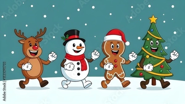 Obraz Festive Christmas Characters Walking in Snow