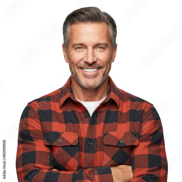 Obraz Handsome mature man in a red and dark checkered flannel shirt smiling confidently