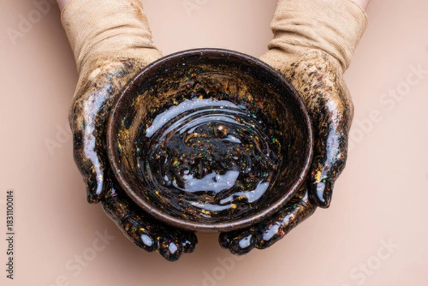 Obraz oil hands are folded in a bowl of oil. Oil spill. Environmental pollution. an environmental disaster.