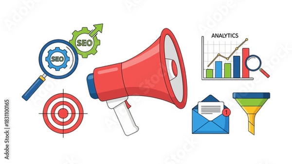 Obraz Marketing and SEO icons set. Vector illustration of megaphone, target, magnifying glass, SEO gear, bar chart, email, funnel. Business and analytics symbols. Digital marketing tools. White