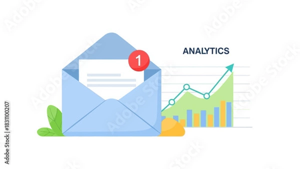 Obraz Email notification icon. Mail with chart and graph. Analytics symbol. Vector illustration of message and statistics. Business and finance concept. Simple flat design. White background.