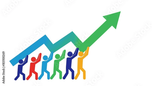 Obraz Business growth concept. Teamwork and success. Colorful people holding graph and arrow. Vector illustration. Business icons. Teamwork symbols. Growth chart. White background.