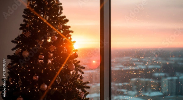 Fototapeta Magical Christmas tree silhouette against sunset window with city view. Sun rays and lens flare through pine branches. Cozy winter holiday background with copy space