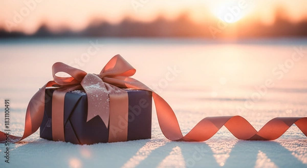 Fototapeta Luxury gift box with satin ribbon on snow during golden hour. Romantic Christmas or Valentine present background with copy space