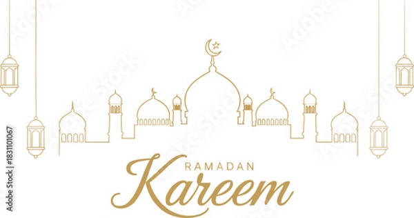 Fototapeta Ramadan Kareem greeting—gold mosque skyline with crescent moon, star, and hanging lanterns in minimalist line art 