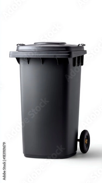 Obraz Garbage Can: A sleek, black garbage can stands isolated, its form and functionality emphasizing its role in waste management.