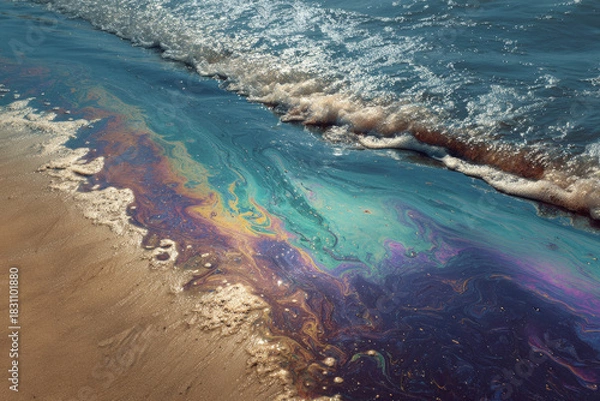 Obraz Petroleum spill mixed with other chemical substances on sea and sand surface