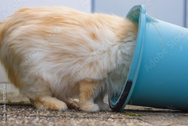 Obraz Longhaired cat stickling his head into a blue bucket which is lying on the ground