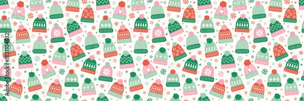 Fototapeta Seamless pattern with cute cartoon winter hats. Christmas background design. Banner. Vector illustration