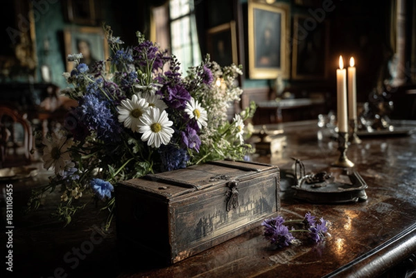 Obraz Stary, drewniany, zdobiony stół z bukietem dzikich kwiatów (m.in. rumianki i niebieskie), starą szkatułką i dwiema zapalonymi świecami. Uroczysta, historyczna sceneria.