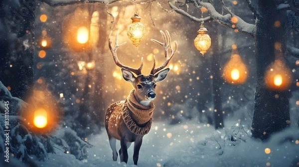 Fototapeta Magical deer with antlers wearing a knitted scarf standing in a snowy forest with glowing lanterns.