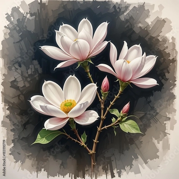 Obraz Watercolor square background with blooming white magnolia flowers and buds on artistic spring branch