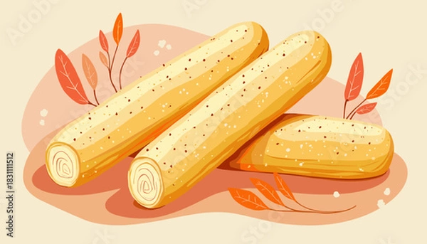 Fototapeta Illustration of delicious parmesan breadsticks with autumn leaves
