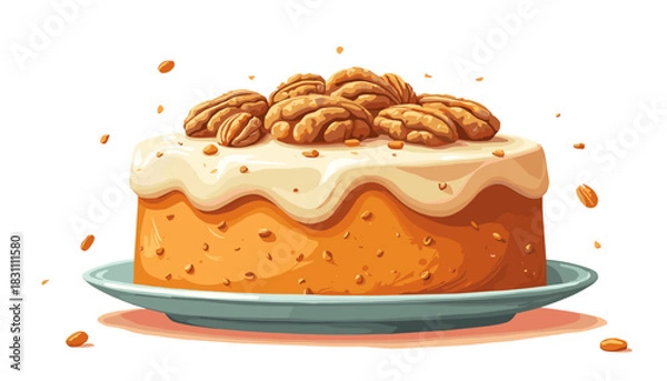 Fototapeta Vegan carrot cake topped with walnuts on a decorative plate