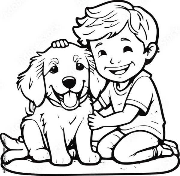 Obraz Line Drawing of Smiling Child Sitting with Happy Dog