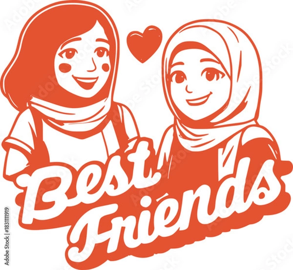 Obraz Stylized Portrait of Hijabi Best Friends with Heart and Cursive Text