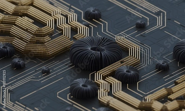 Fototapeta Modern technology motherboard design showcasing gold circuits and dark gray futuristic elements for innovative designs and high tech backgrounds