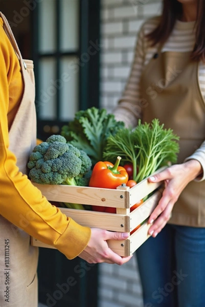Fototapeta Woman delivering fresh organic vegetables in wooden crate to customer at home entrance. Local farm produce delivery service with broccoli, lettuce, pepper and tomatoes for healthy eating lifestyle.