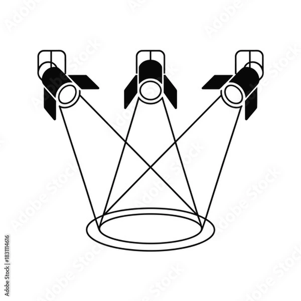 Fototapeta Three spotlights illuminate a circular stage from different angles, creating dramatic lighting.