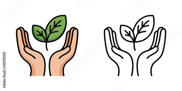 Fototapeta Two hands holding a plant with two leaves in color and black and white line art