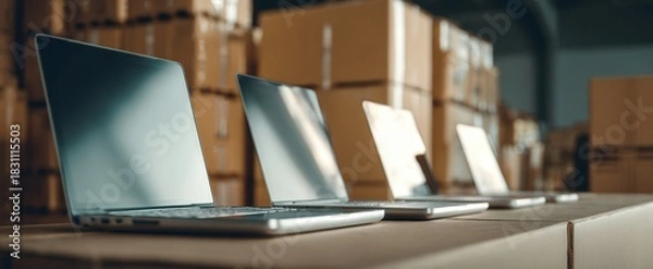 Obraz The Laptops on Cardboard Boxes in Warehouse Ready for Inventory and Shipping