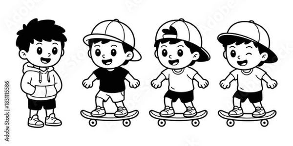 Fototapeta Four cartoon boys in different outfits one standing and three on skateboards