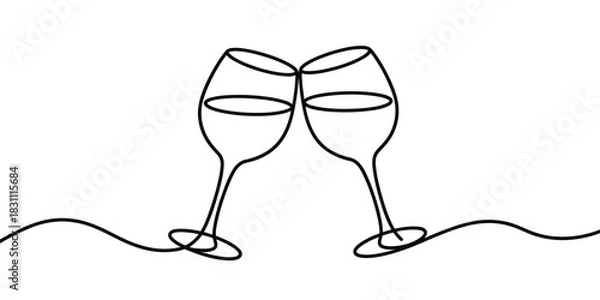 Fototapeta Line drawing of two wine glasses toasting on a white background simple art