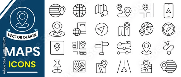 Fototapeta Maps line icon set. Location and navigation icon vector set. Containing location, navigation, GPS, city map,  route, atlas, direction, pin and more. Vector illustration.