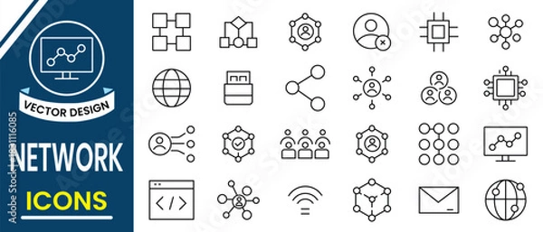 Fototapeta Network icon set. Network related thin line icons for website, communication, technology, broadband, marketing, internet, data, cloud, team, logo, app, template, ui, etc. Vector illustration.