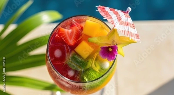 Fototapeta Refreshing fruit cocktail with garnish and umbrella for refreshment