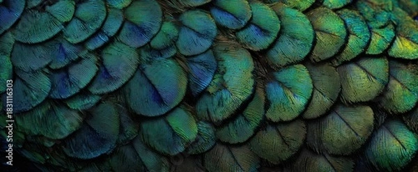 Fototapeta The Peacock Plumage Macro Close Up Revealing Iridescent Green and Blue Layered Feathers