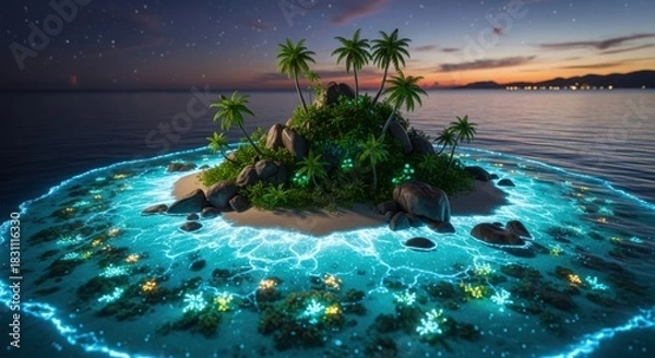 Fototapeta Bioluminescent tropical island paradise at twilight