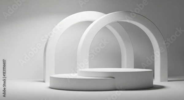 Fototapeta Minimalist stage with arches and podium for product display and presentation