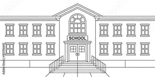 Fototapeta A black and white line drawing of a school building with many windows and steps