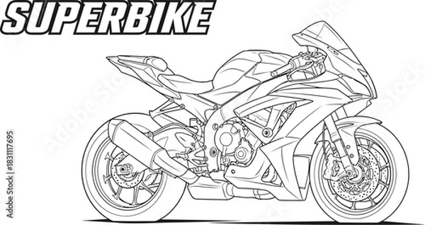 Fototapeta Detailed line art of a superbike motorcycle design on a clean white background