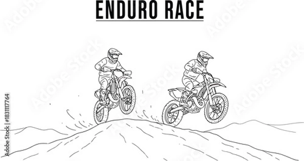 Fototapeta Two enduro racers speeding over a dirt track in a black and white illustration