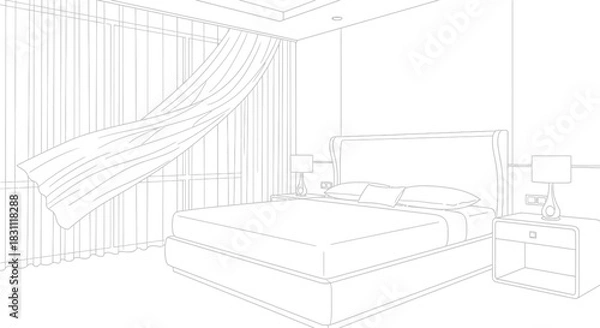 Fototapeta Line art of a modern bedroom with curtains blowing in the wind by the window