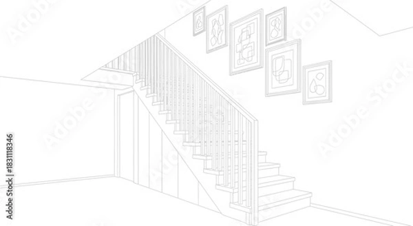 Fototapeta Staircase with modern art in a minimalist interior design sketch illustration