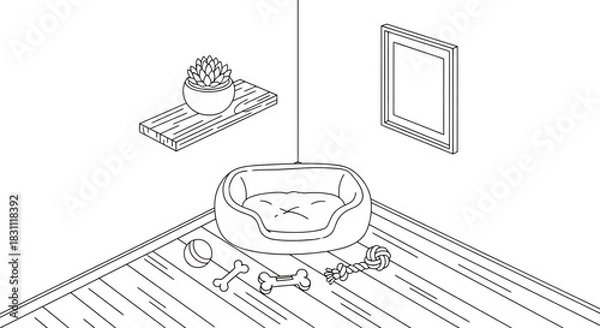 Fototapeta Cozy dog corner with bed toys succulent and artwork in a stylish home scene