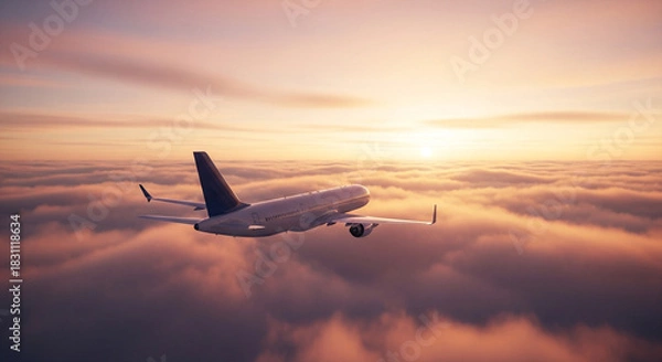 Fototapeta Experience breathtaking aerial views as a plane soars above the clouds at sunset, perfect for travel, adventure and inspirational themes