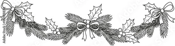 Fototapeta Festive christmas garland with bows and holly berries on a white background